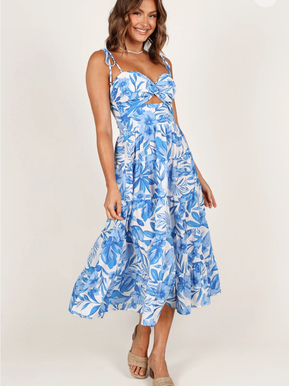 Petal & Pup Rose Midi Dress Blue White Floral Tie Strap - XL